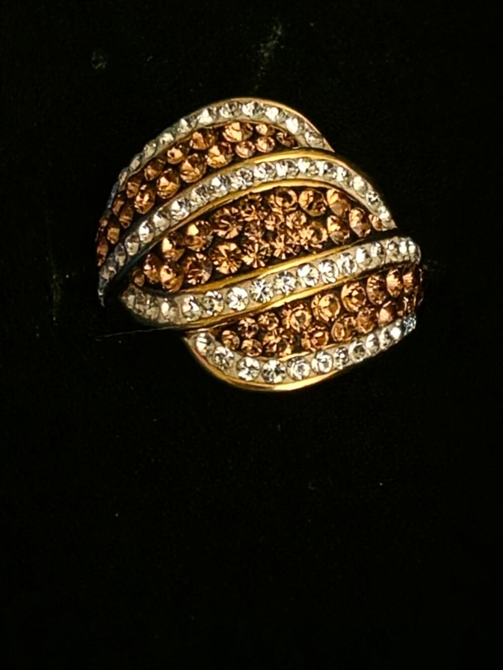 18k Yellow Gold Over Bronze 3ctw Cognac White Crystal Pave Stripe Wave Ring 7